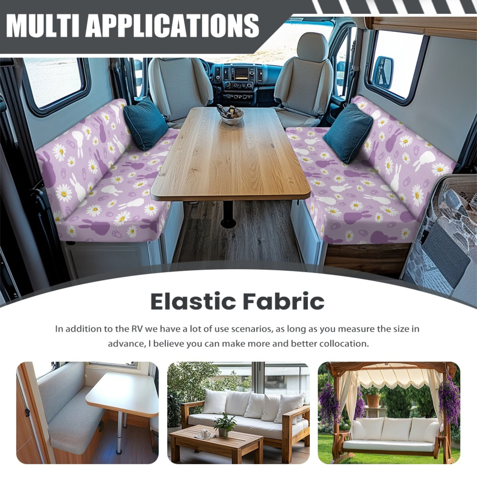 FOR U DESIGNS Bunny Daisy Print 2 Pcs RV Dinette Cushion Covers Non-Slip Camper Seat Covers Dinette Booth Stretch Sofa Furniture Protector Sofa Slipover for Travel Trailer Couch