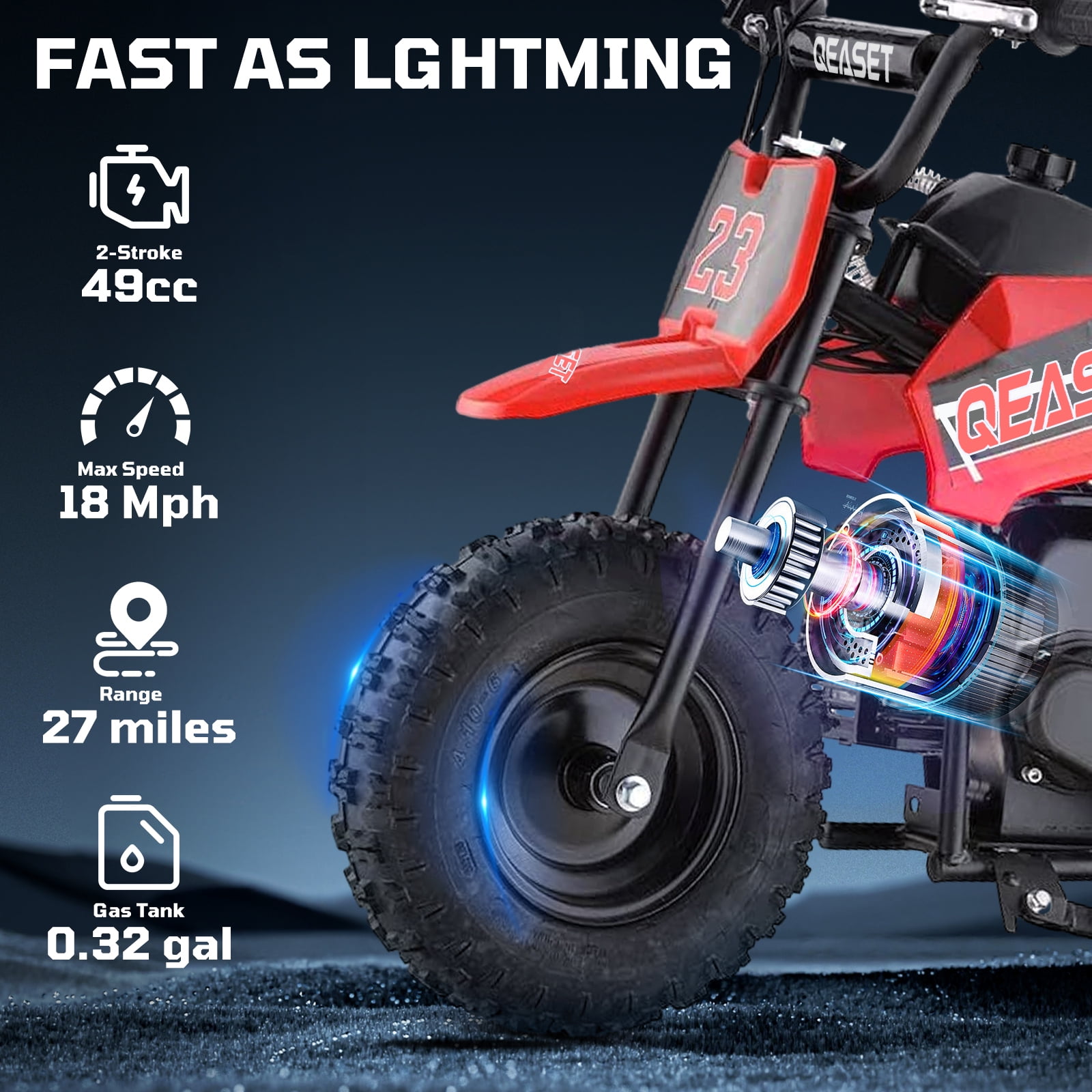 QEASET Mini Off-Road Dirt Bike, 49 CC 2-Stroke Gas Bike with Off-Rode Tire, Suspensions, Disc Brakes, Max Load 160Lbs, Max Speed 18Mph, Red