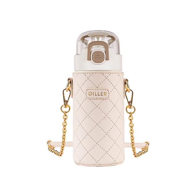 Inteprter Botella de agua cruzada de acero inoxidable para mujer, bonita botella de agua decorativa portátil de 450ml, botella de vacío de Teteras Blanco