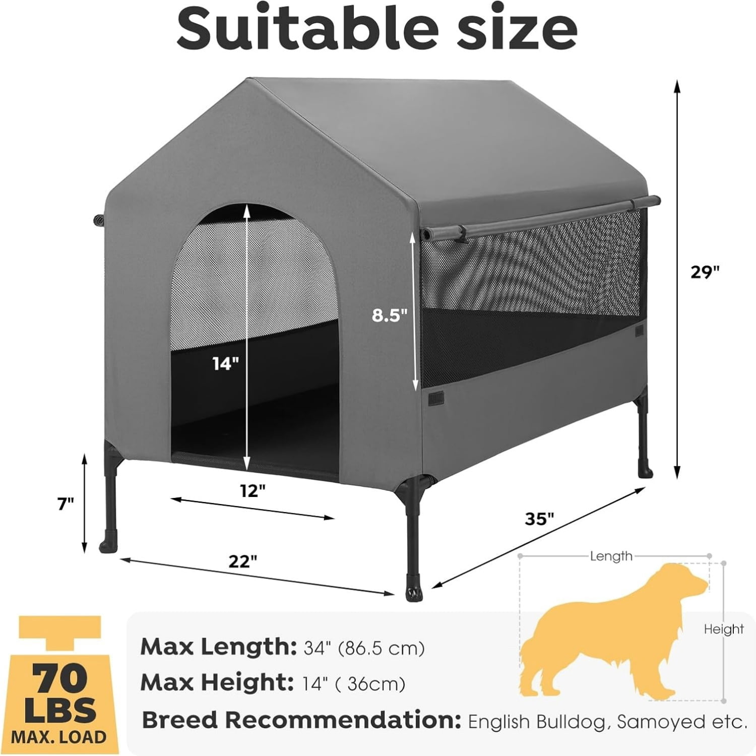 35" Dog House, 2-in-1 Large Dog House Outdoor Indoor Weatherproof, Outside Elevated Dog Cot Bed Dog Tent Shade, Three-Sided Breathable Mesh Windows and Sunshades