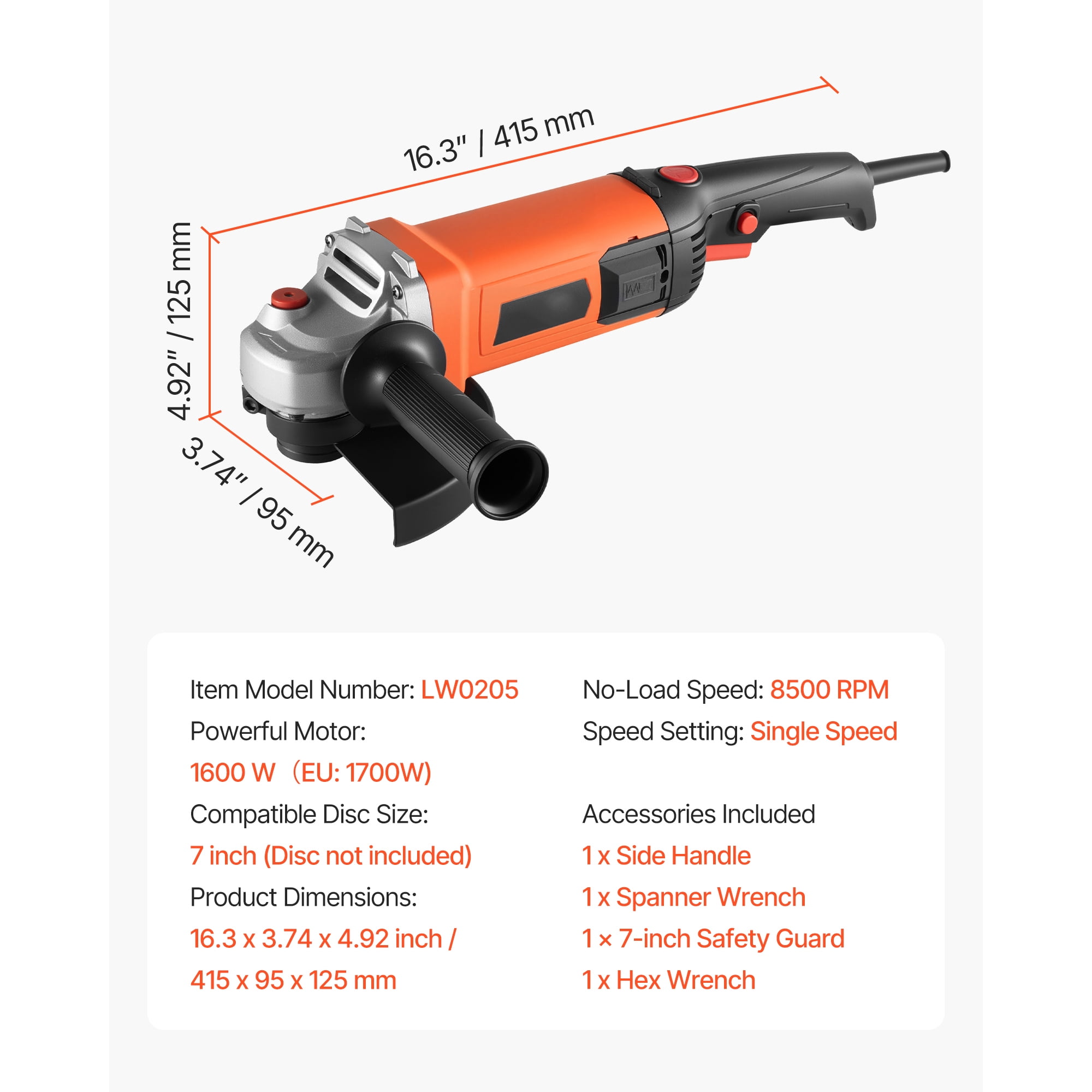 KFFKFF 7" Electric Angle Grinder, 13-Amp High-Speed Power Tool, 8500RPM Corded Grinder with 270° Adjustable Dust Shield for Metal Work, Cutting, and Rust Removal (Disc Not Included)