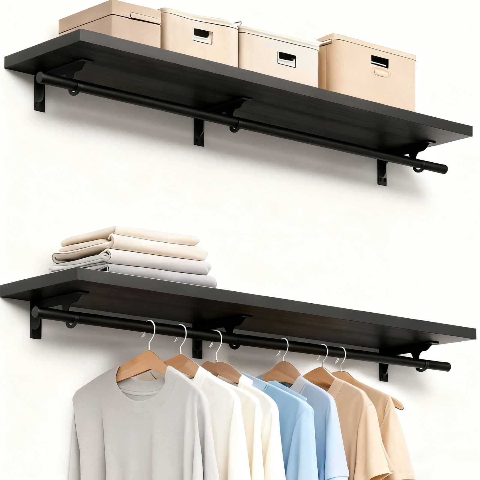 4PCS Heavy Duty Closet Rod Bracket, 12" Wall Mounted Shelf Brackets with Integrated Hook, L-Shaped, Cold Rolled Steel Clothes Hanging Rod Holder with Screws