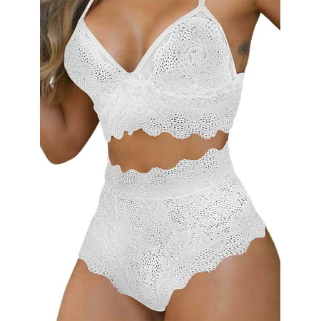 

Innerwin Ladies Lingerie Set Babydoll Nightdress 2 Pieces Mesh Underwear Deep V Neck Women Transparent See Through Sheer Lace Up White XL