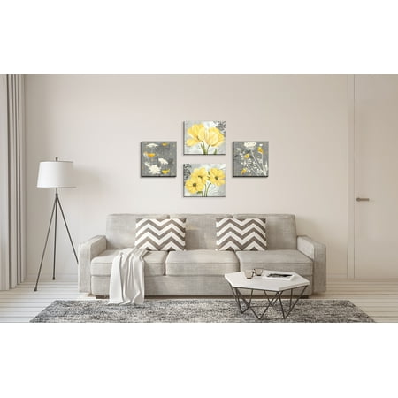 Floral Wall Gango Home Decor Beautiful Birds and Flowers. Floral Wall Art; Four Yellow 14x11, 12x12in Hand-Stretched Canvases ()