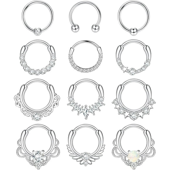 shiyou-12pcs Septum Jewelry 16g Daith Earrings Hinged Hoop Nose Rings Septum Clicker Cz Stainless Steel Cartilage Earring Helix Tragus Daith Piercing Jewelry
