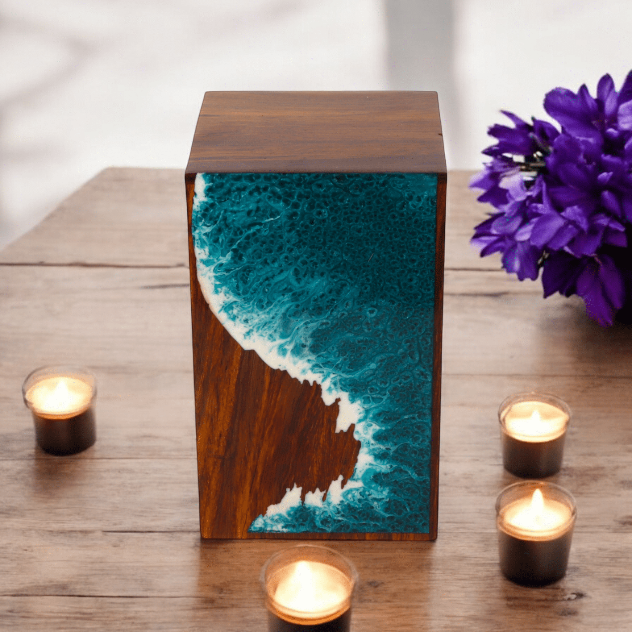 Wooden Cremation urn for Human and pet Ashes (Sea Green Sea & Waves, Keepsake, Sea)