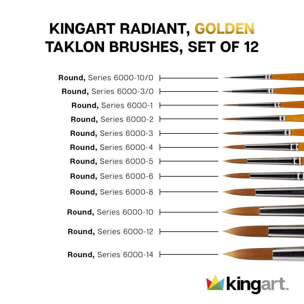 Kingart Radiant, Premium Golden Taklon Brushes, Set of 12, All Ages