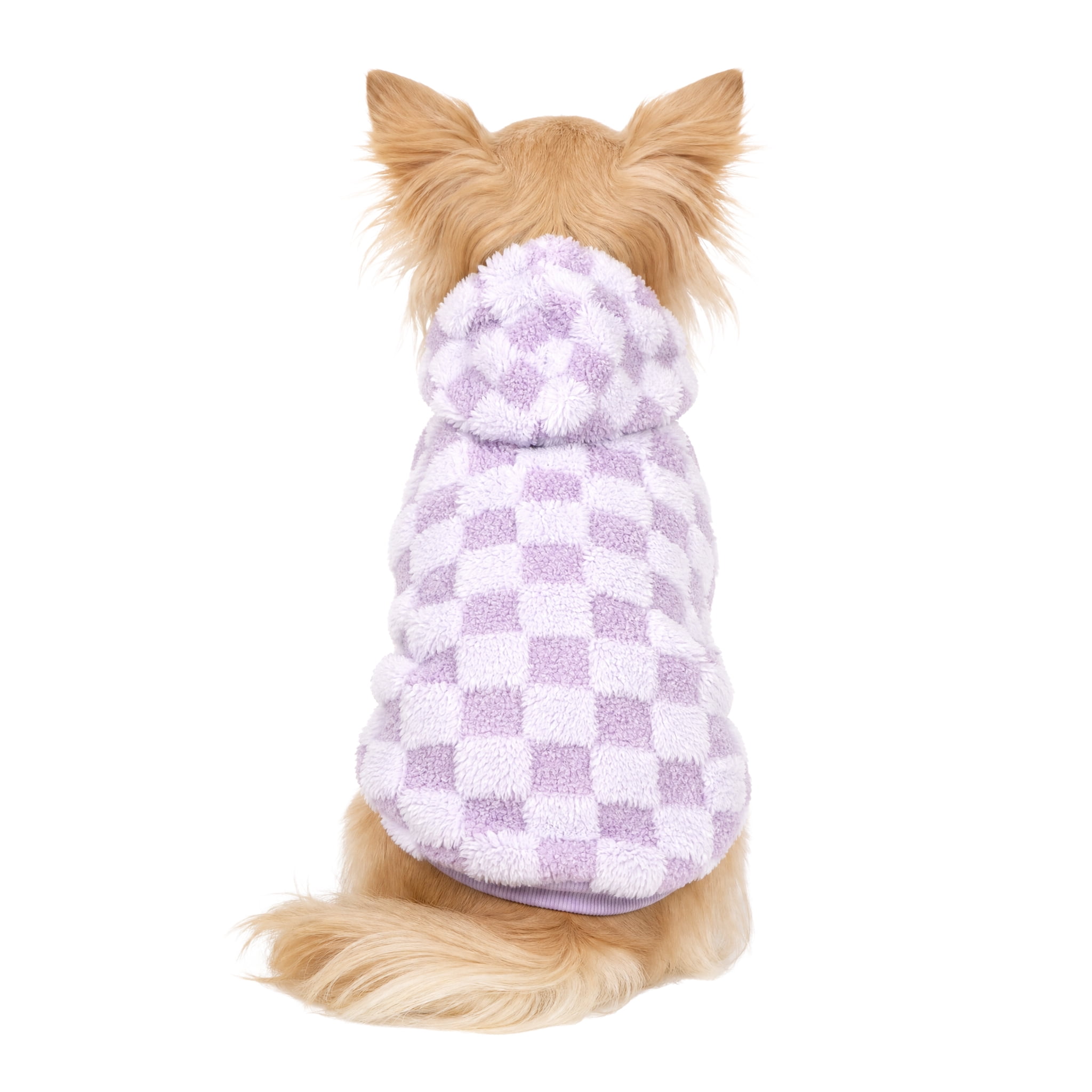 Oodles Checkerboard Fall Sherpa Dog Hoodie, Purple, XS
