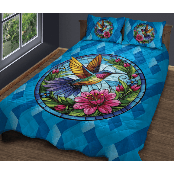 Lotusprinthandmade Colorful Floral with Hummingbird Quilt Bedding Set Fold Hem