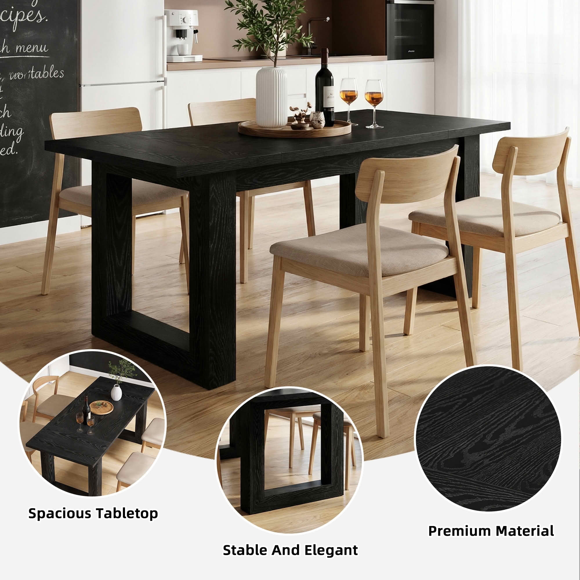 MAYEERTY 63 Inch Rectangular Dining Table, Wooden Kitchen Dinner Table with Square Base for 4 to 6 People