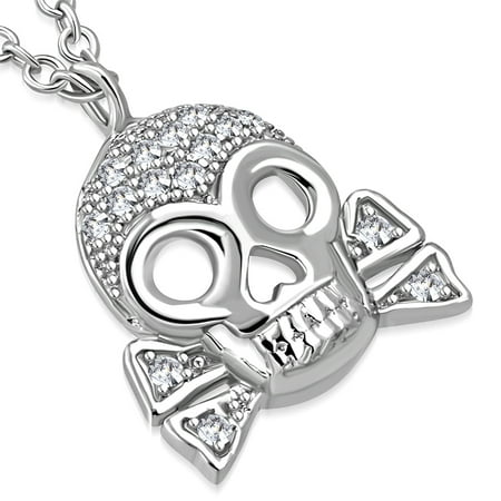 925 Sterling Silver Crossbones Skull White Clear CZ Pendant Necklace, 18