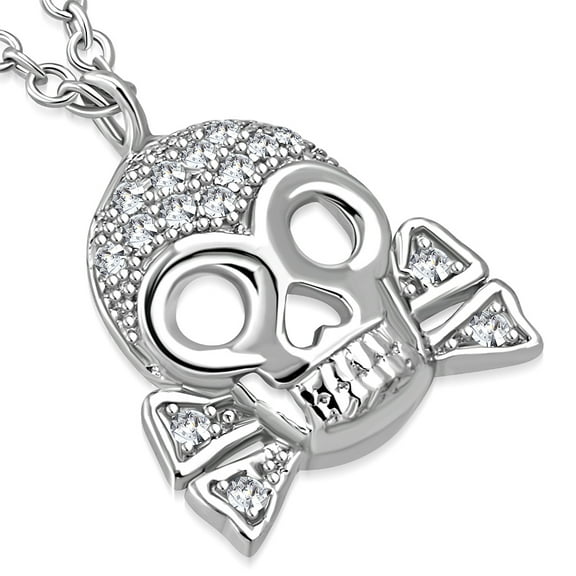 925 Sterling Silver Crossbones Skull White Clear CZ Pendant Necklace, 18"