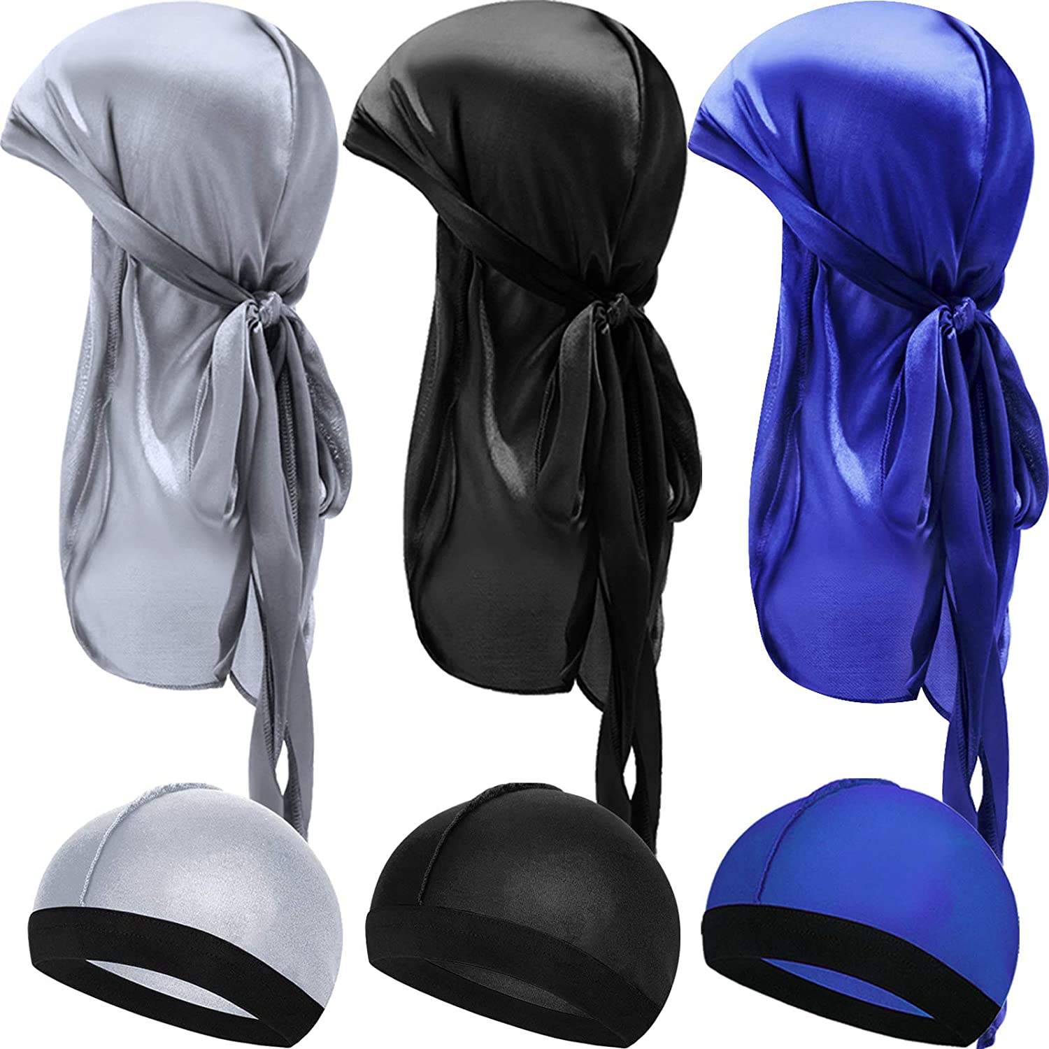 6 Pieces Kids Silky Satin Durags with Wave Caps Set Unisex 360 Wave