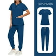 thumbnail image 2 of Stamozd Women's Solid Color Protective Work Clothes Loose Side Slit Pocket Protective Work Clothesshort Sleeved V-Neck Button Up Top Drawstring Tied Foot Pants Set Sky Blue D L, 2 of 9