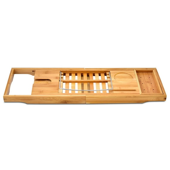 Expandable Bamboo Bathtub Tray Wood Bath Tray with Book and Wine Holder