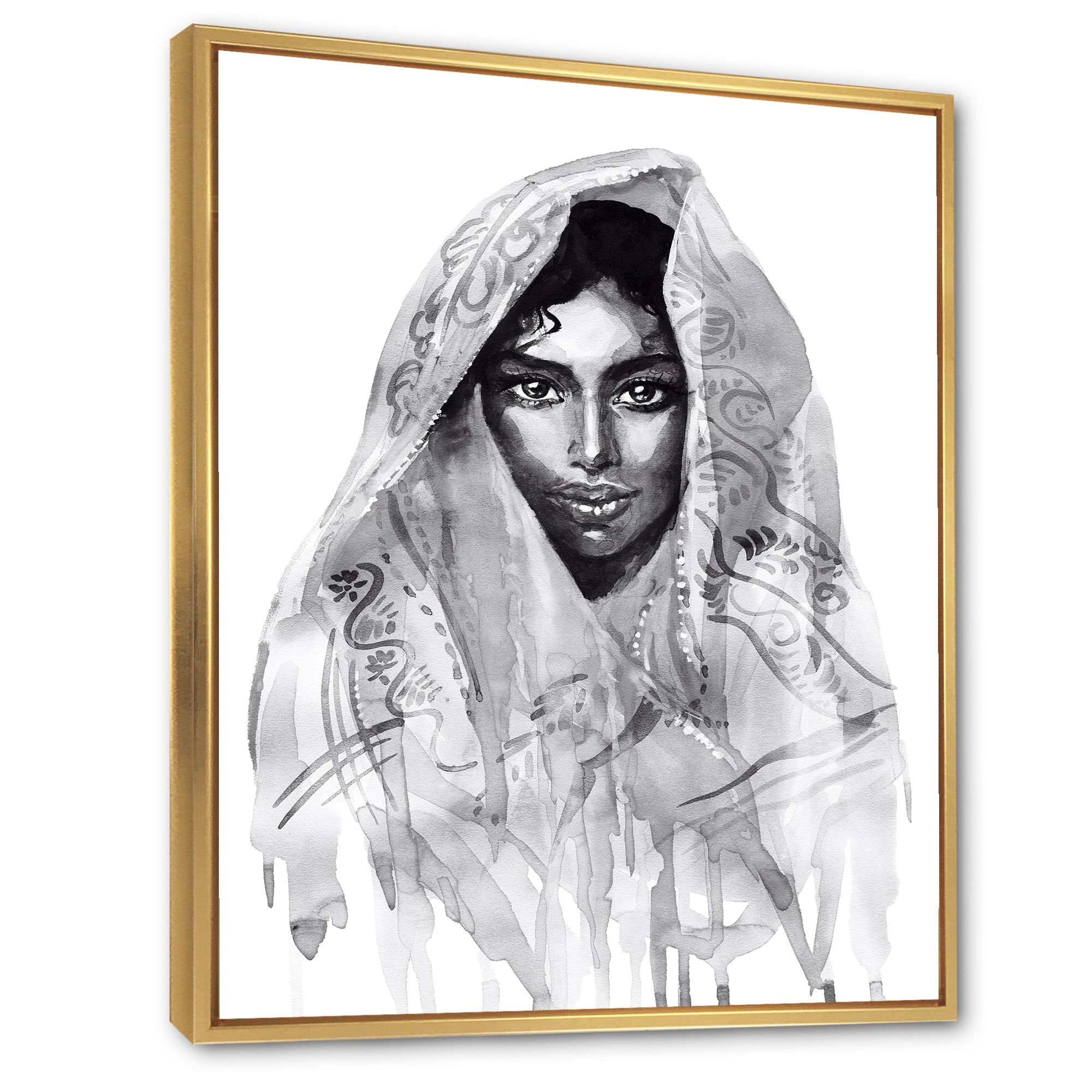 Designart 'Black and White Portrait of Young Indian Woman I' Modern Framed Canvas Wall Art Print
