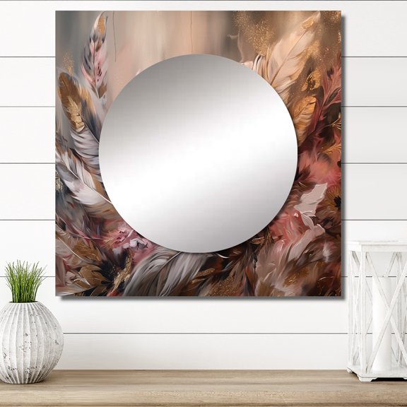 Designart "Feather Wanderlust Gold VI" Glam Feather Gold Large Square Mirror - Square Bedroom Mirror Printed Wall Decor - Glam Square Printed Wall Mirror Art