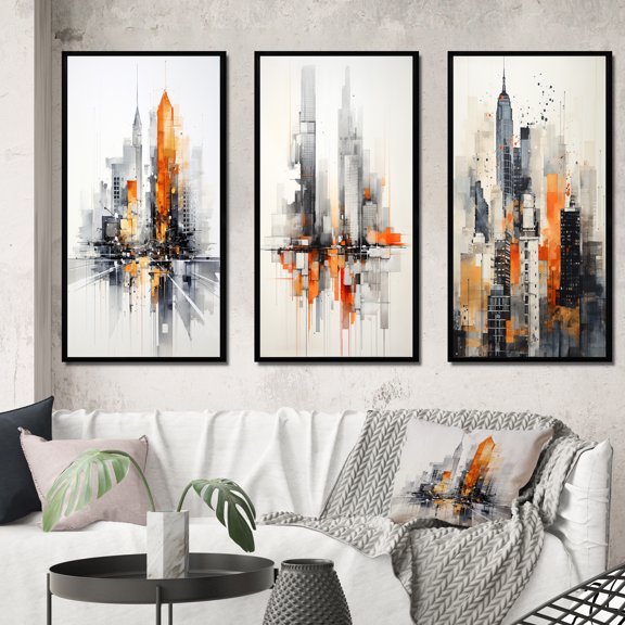 Designart "Urban Rhythm Minimalism in Orange and Grey III" Abstract Collages Framed Wall Art Set Of 3 - Orange Minimalism Frame Canvas Set For Living Room Decor