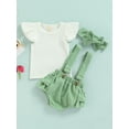 thumbnail image 2 of Baby Girl Fly Sleeve Ribbed Top + Suspender Shorts + Bow Headband 3 Piece Summer Casual Outfits Set, 2 of 9