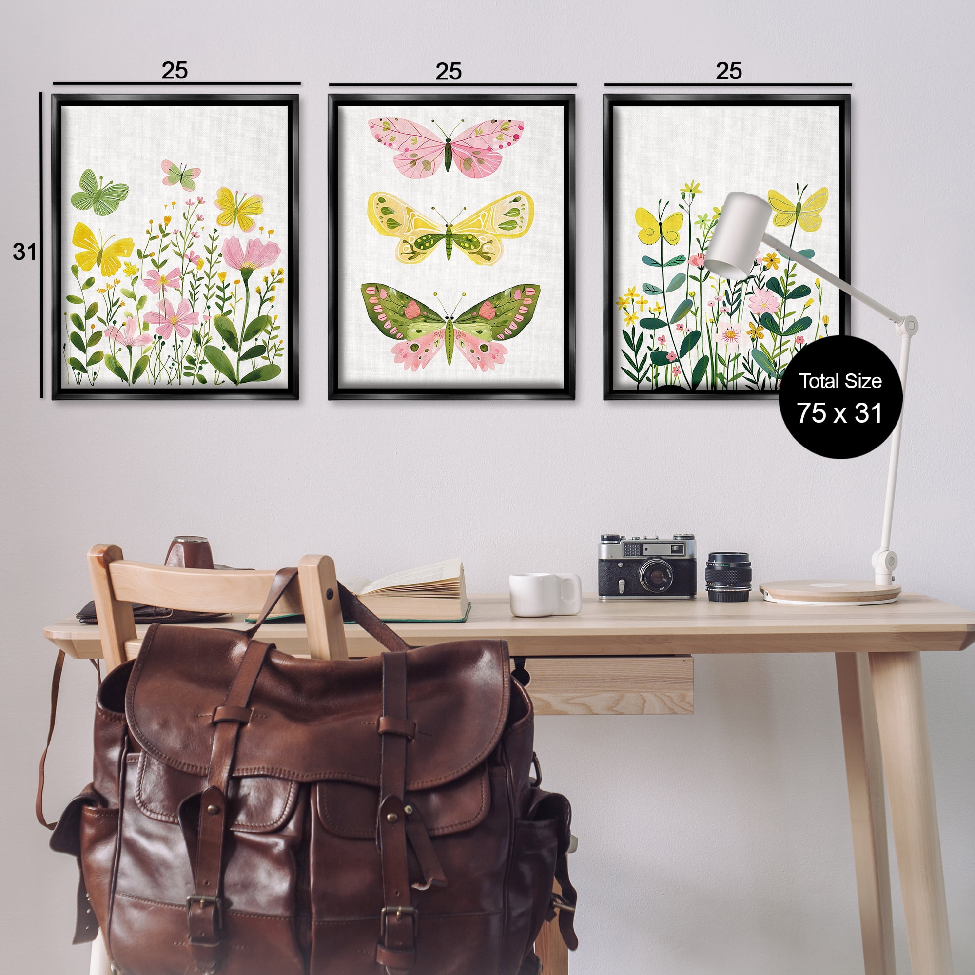Stupell Industries Playful Butterflies and Florals Animals Painting Black Floater Framed Canvas Art Print Wall Art, 25 x 31, Set of 3