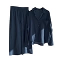 thumbnail image 2 of wcjm Navy Women's Casual Solid Retro Plus Size Cotton Button Shirt High Waist Loose Pocket Long Pant Suit, 2 of 6
