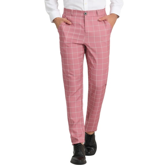 Unique Bargains Men's Plaid Printed Straight Leg Business Casual Checked Pants 34 Pink White