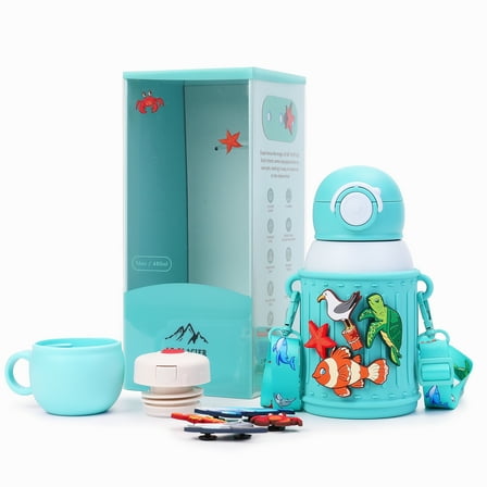 Le Glacier Kids Insulated Tumbler Set - 16 oz Stainless Steel Cup with Lid and Straw, Double-Wall Design, Silicone Grip, Cute Pattern Sleeves (Ocean Life)