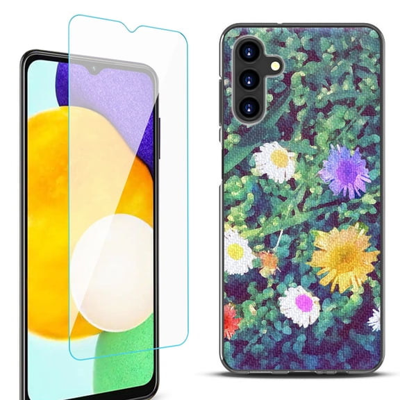 Slim-Fit Protective Fashion Phone Case (Black) for Samsung Galaxy A13 5G, with Tempered Glass Screen Protector, by OneToughShield ® - Daisy Paint