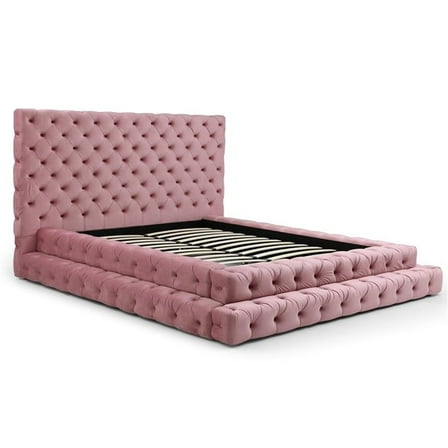 Pemberly Row King Size Luxurious Upholstered Velvet Bed in Pink Color