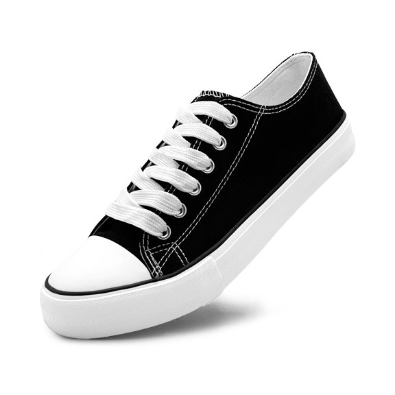 Women's Low‑Top Canvas Tennis Sneakers, Lace‑Up Casual Walking Flat Shoes, Black 8