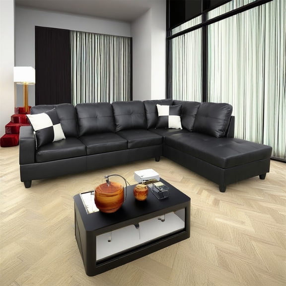 Hommoo Faux Leather Sectional Sofa, 4 Seat Living Room Furniture Sets, Modern L-Shaped Couches and Sofas Set for Home, Black(No Ottomans)