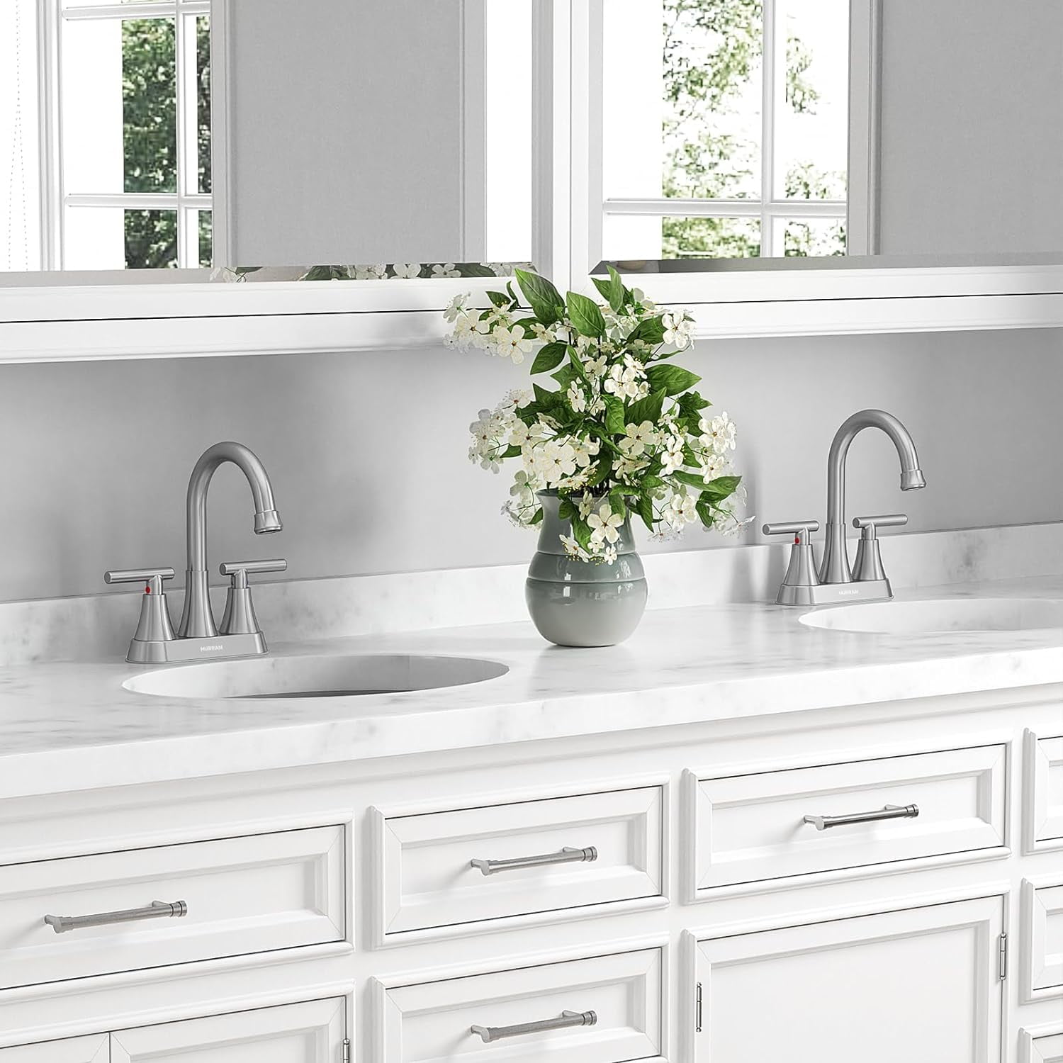 Bathroom Faucets for Sink 3 Hole, Hurran 4 inch Brushed Nickel Bathroom Sink Faucet with Pop-up Drain and Supply Lines, Stainless Steel Centerset Faucets for Sink Vanity