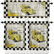 3 Piece Lemon Truck Design Kitchen Curtains, Tier and Valance Rod Pocket Window Curtains Set Black White Check Cafe Curtains for Kitchen Valances Window Treatment 54X18in 27x24in×2