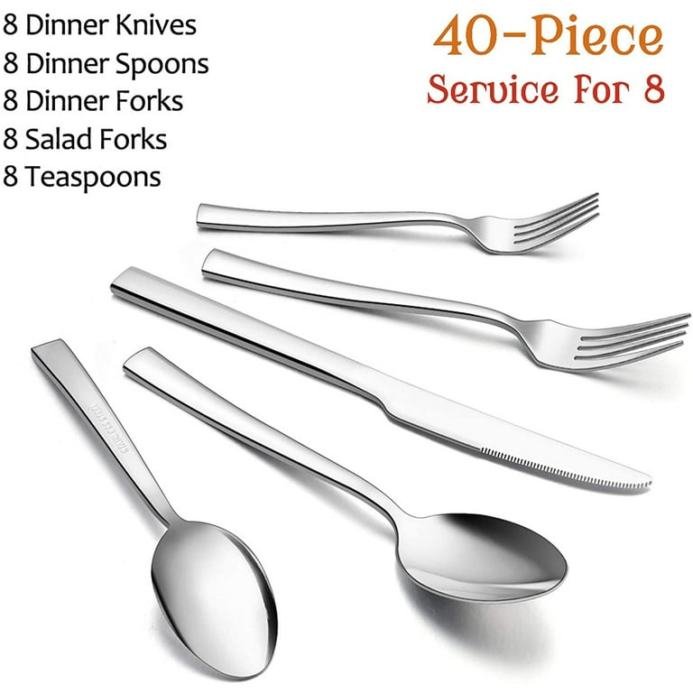 Vesteel 40-Piece Flatware Silverware Set Service for 8, Stainless Steel  Cutlery Eating Utensils Fork Knife Spoon Set, Mirror Finished & Dishwasher