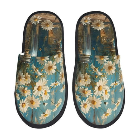 Balery Delicate White Daisy Jars Slient Indoor Furry Fleece Comfort House Shoes Soft Non-Slip Home Shoes Cotton slippers House Slippers-- Medium