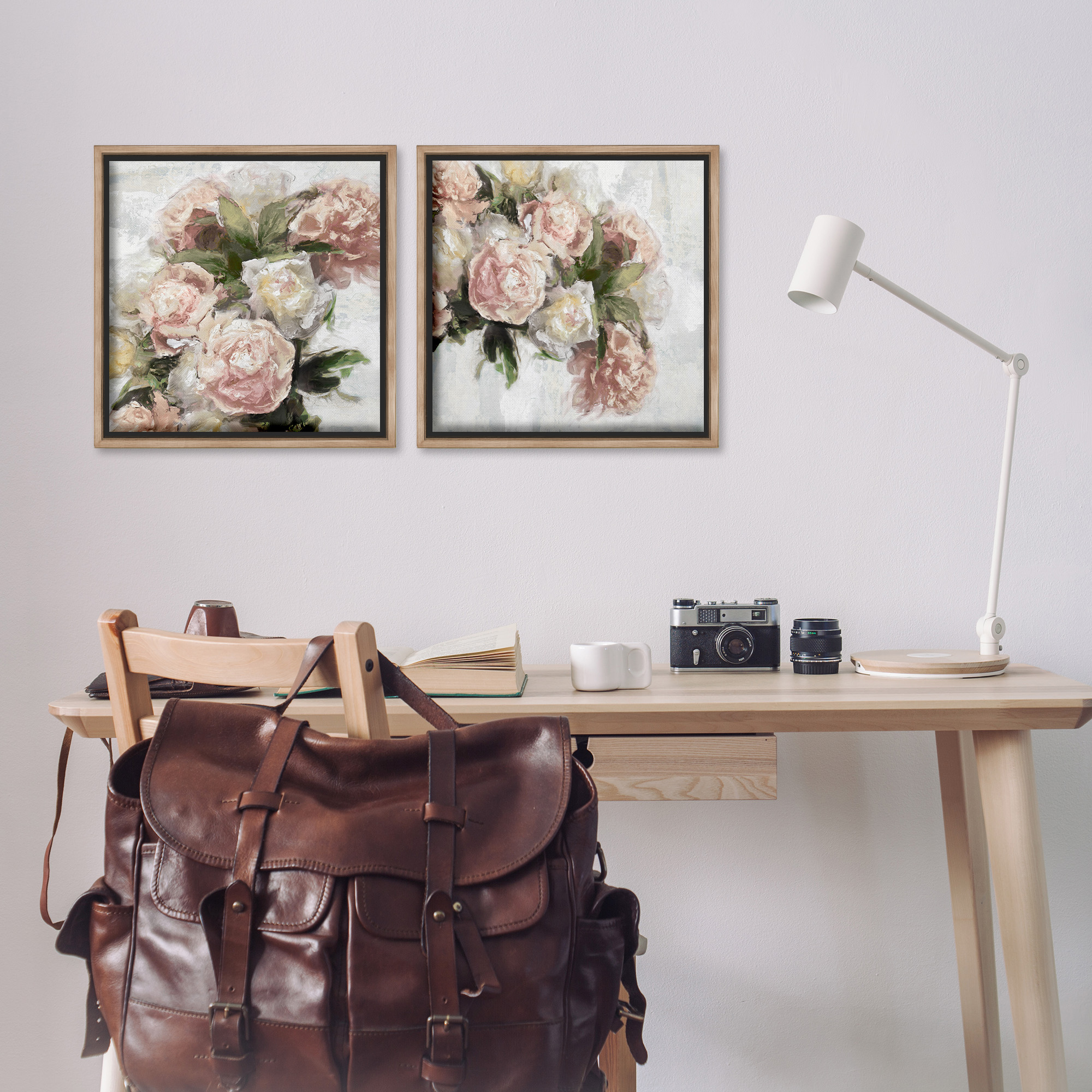 Stupell Industries Traditional Peony Blossoms Arrangement Botanical & Floral Painting Brown Floater Framed Canvas Art Print Wall Art, 18 x 18, Set of 2