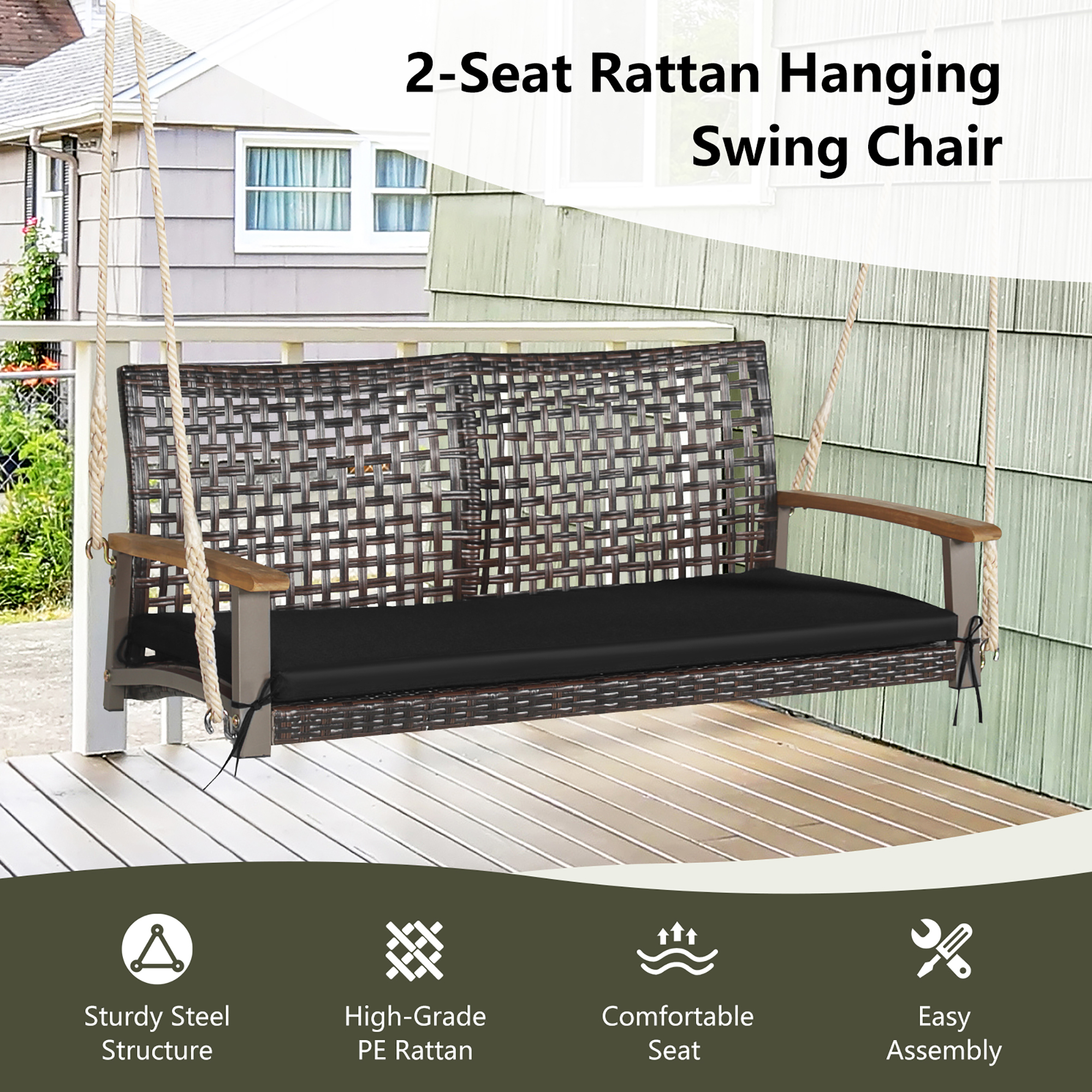 Gymax 2-Seat Rattan Porch Swing Chair Outdoor Wicker Swing Bench W/ Seat Cushion Black - image 4 of 8