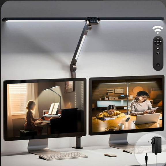 Behome LED Desk Lamp With Remote Control, Tall Double Head Desk Lamp With Clamp, 5 Brightness Modes & 4 Colors, Adjustable Desk Light For Work & Study