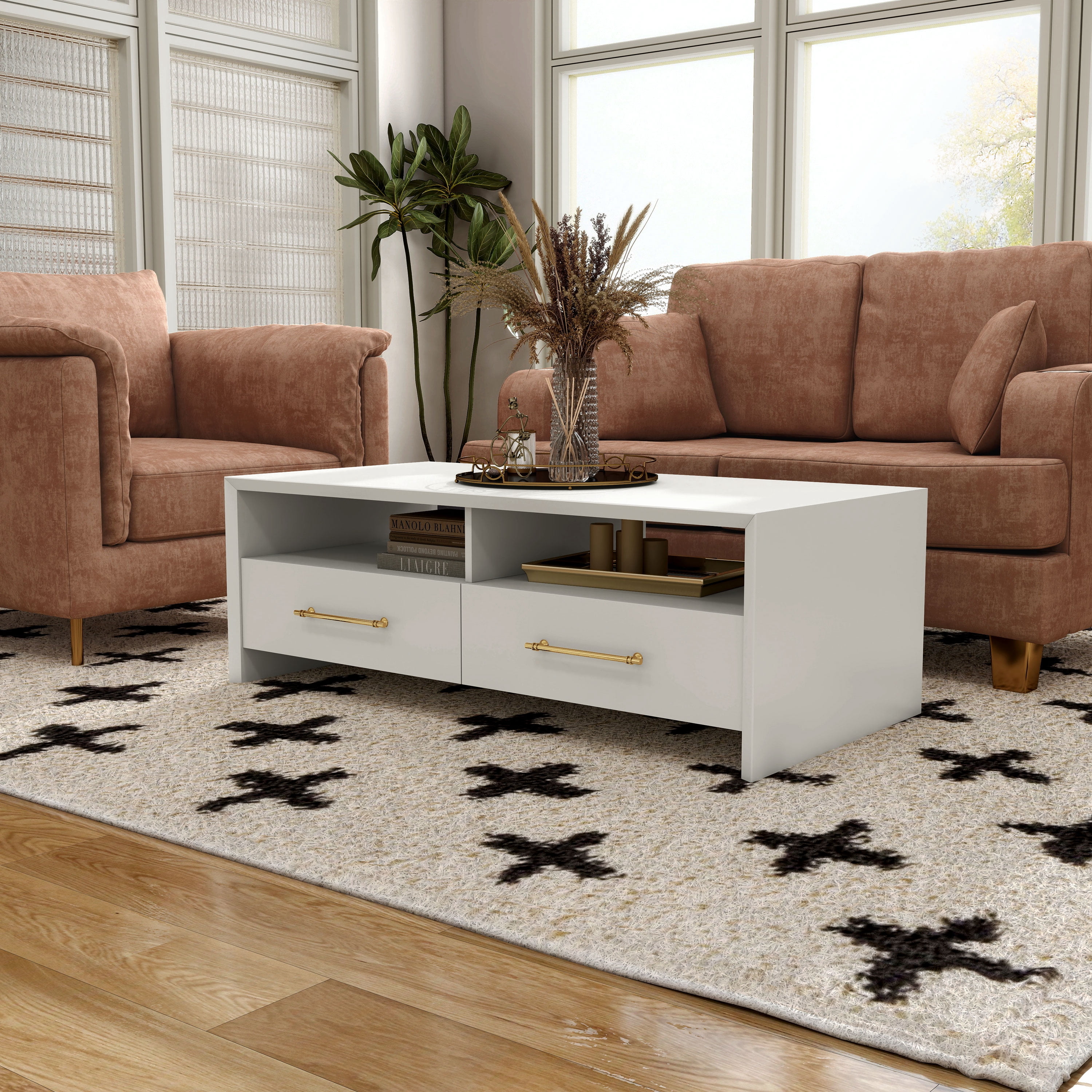 Furniture of America Elvora Modern Wood 2-Drawer and 2-Shelf Coffee Table, White