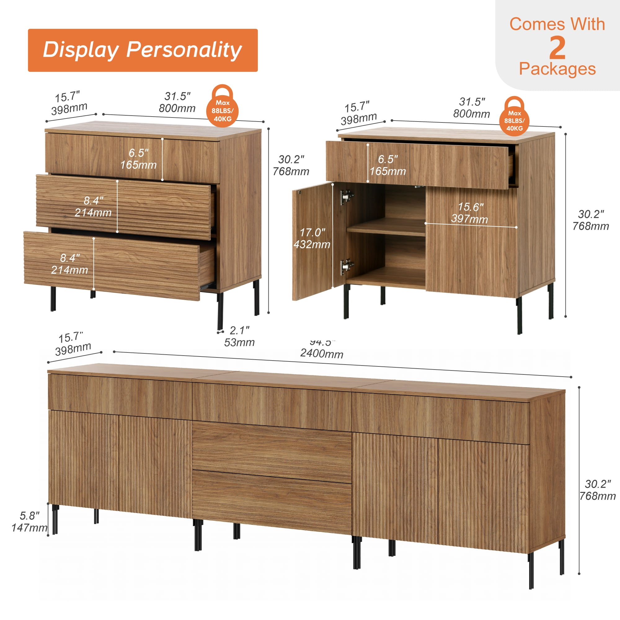 94.5" Reeded Accent Cabinet Set with Doors and Drawers, Modern Credenza Storage Cabinet with Metal Legs for Living Room, Kitchen, Dining Room, Hallway