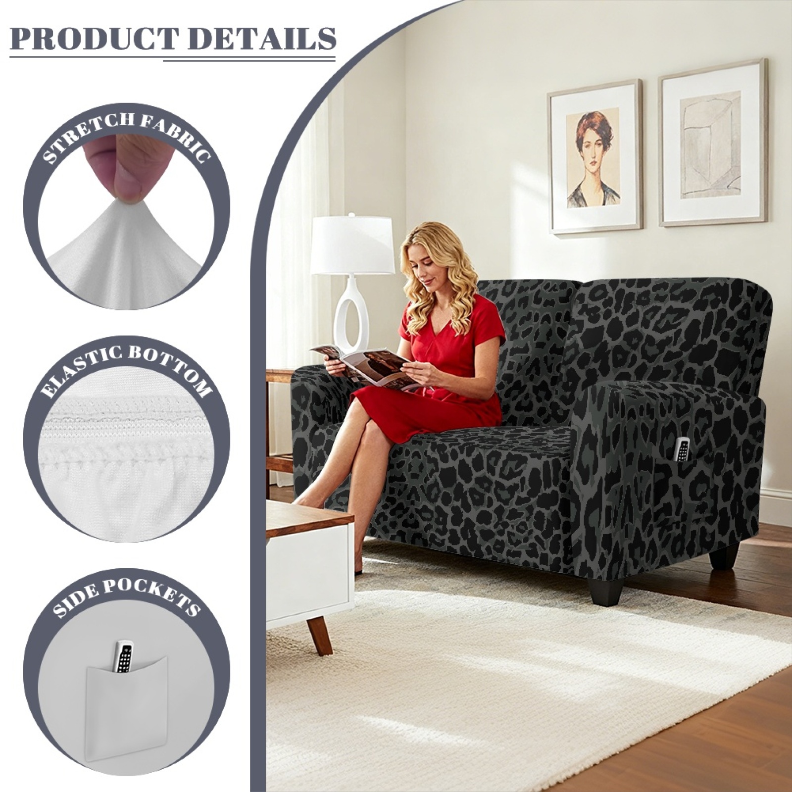 Xoenoiee Black Leopard Print Reclining Loveseat Slipcover, Washable 6-Piece Velvet Stretch Sofa Covers, Soft 2 Seat Loveseat Recliner Cover