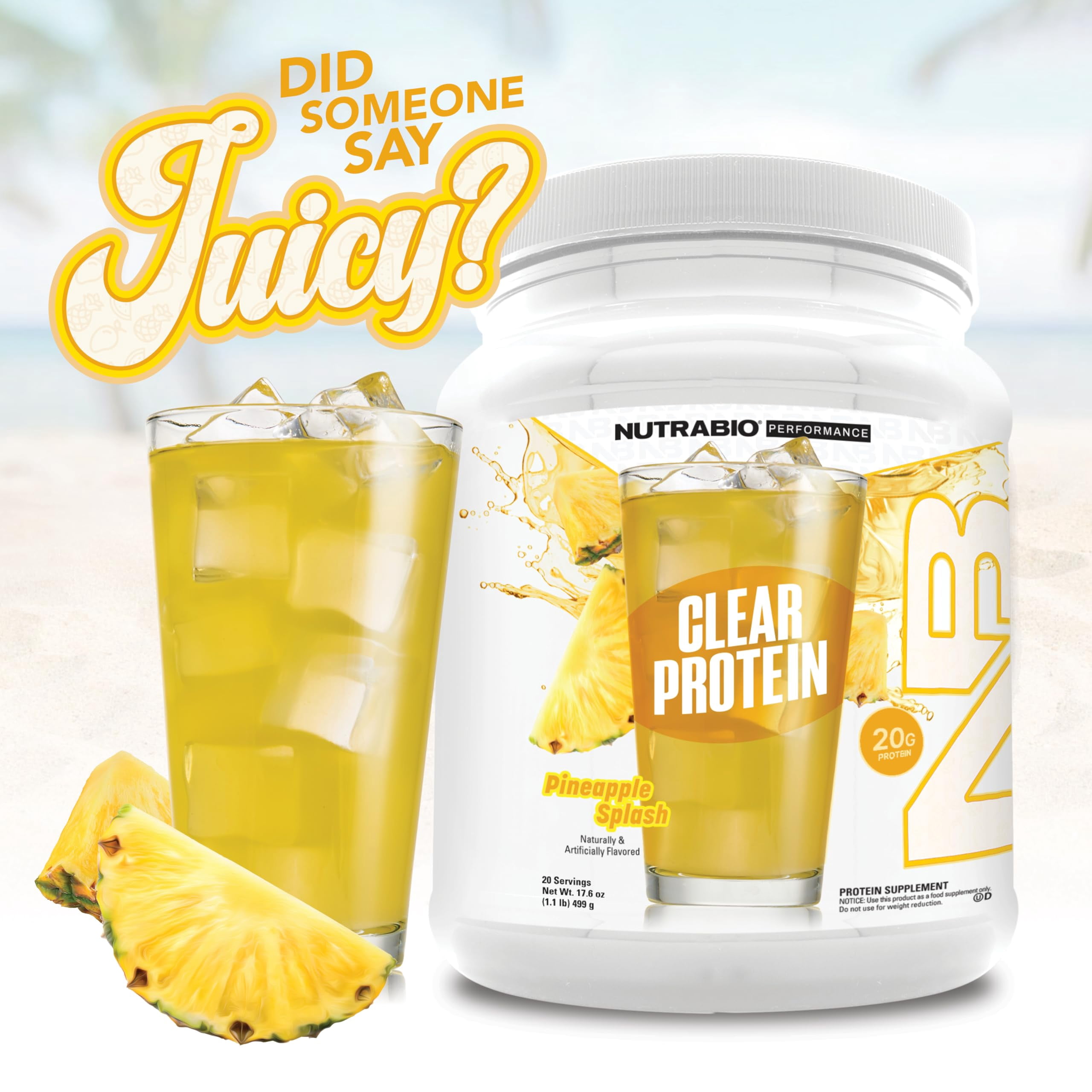 NutraBio Clear Whey Isolate Protein Powder, Pineapple Splash, Zero Sugar, 20 Servings