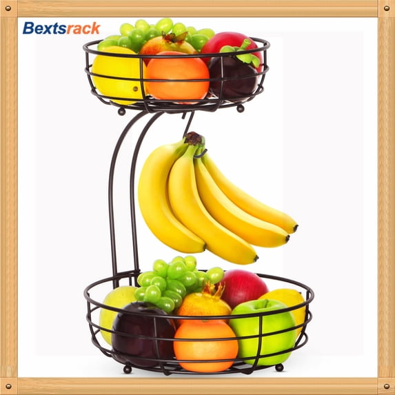 Bextsrack 2 Layer Fruit Basket Bowl with Banana Holders in Home in home,(Bronze)
