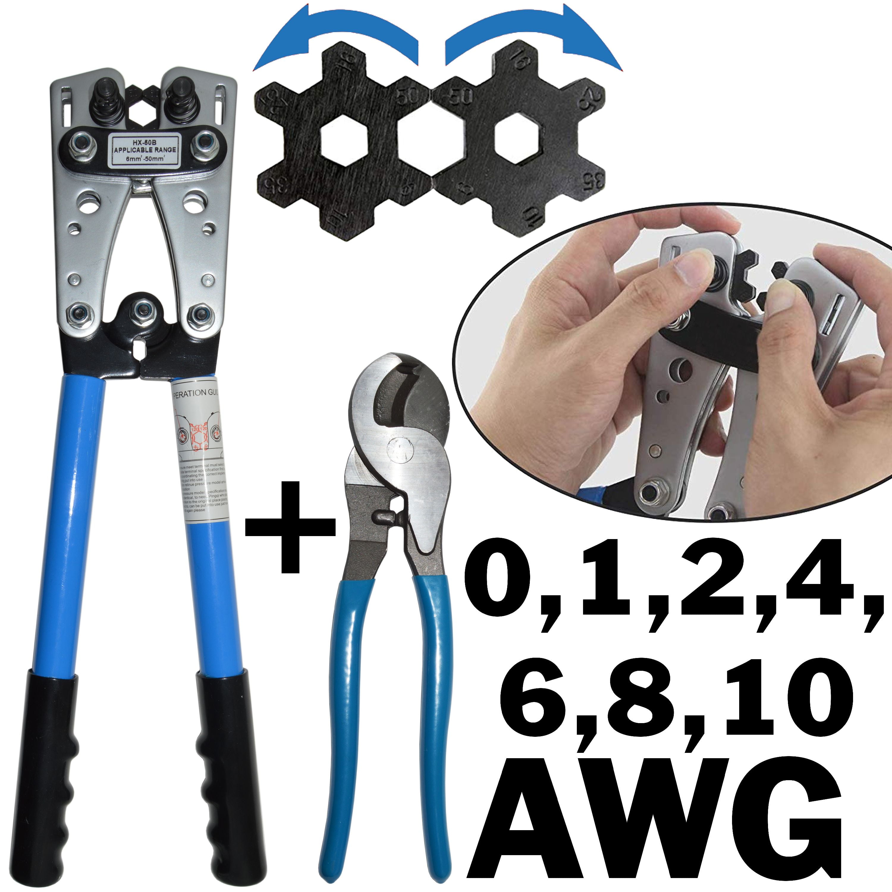 6,4 2 and 1/0 AWG Wire high quality New 8 Wire Crimper Tools kit 2 Pcs for 10 
