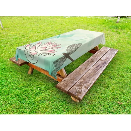 - Lotus Flower Outdoor Tablecloth, Exotic Blossom with Pinkish Petals Water Lily and Dragonflies on Pale Green, Decorative Washable Fabric Picnic Tablecloth, 58 X 120 Inches, Multicolor, by Ambesonne