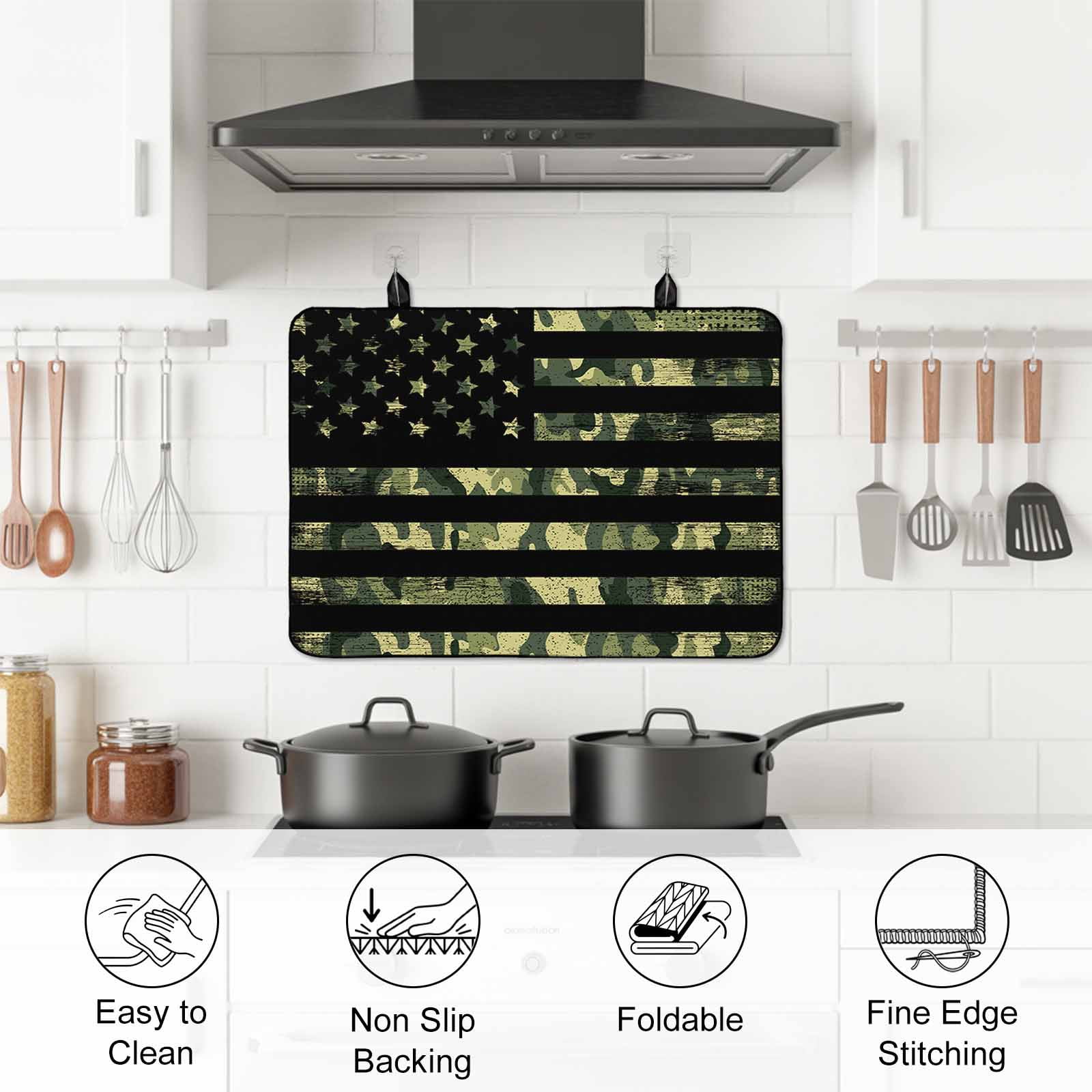 Green Camouflage American Flag Stove Top Cover for Electric Stove, Heat-proof & Non Slip Glass Top Stove Cover Protector, Wooden Grain Kitchen Flat Cooktop Rubber Mat 24x21 Inches