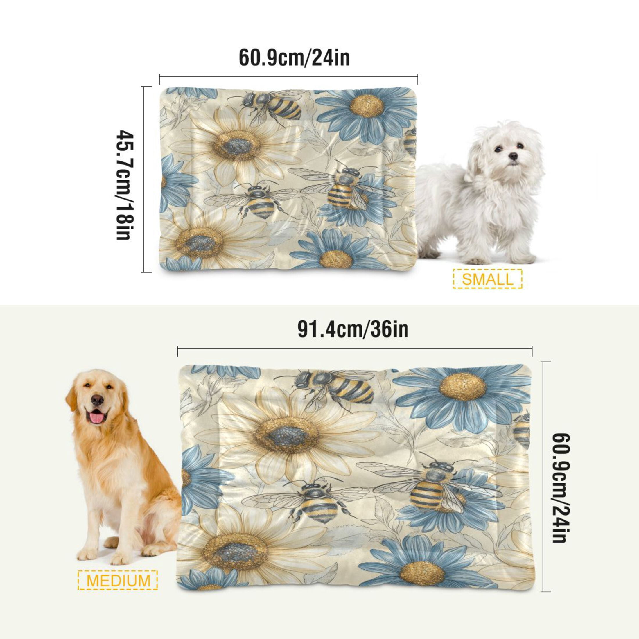 Qxltty Blue White Flower Bee Pattern Ped Pad Wear-resistant and Hard to Bite Through Sleeping Pad for Small Medium Large Dogs Winter Pet Bed 36×24in