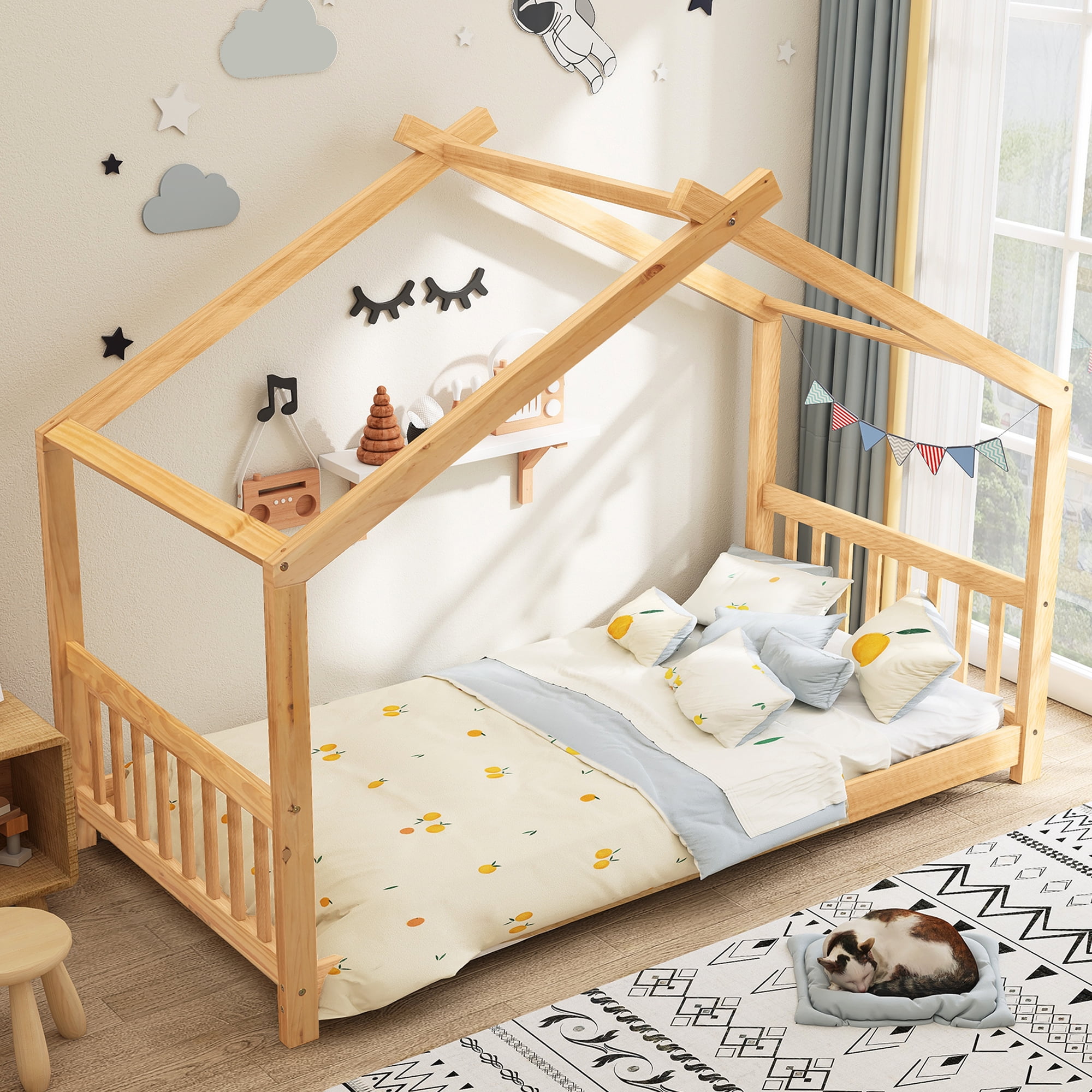 Aukfa Twin Size House Bed For Toddlers Wood House Beds With Storage Space Wood Slat Support Easy Assembly Panel Bed Mattress Foundation For Kids Teens Boys Girls Gray Walmart Com