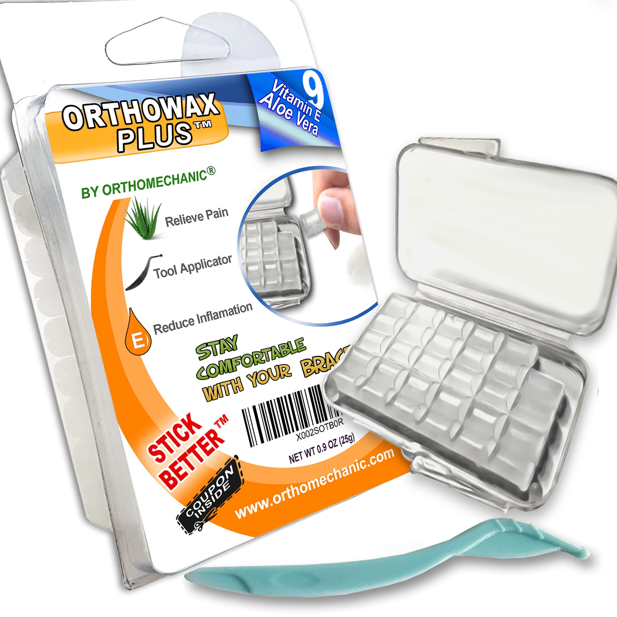 Orthowax Plus For Braces Wearer - Now Pre-Cut with Aloe-vera - Vitamin E - Applicator Tool - Stick Better than competitors - Pack of 9