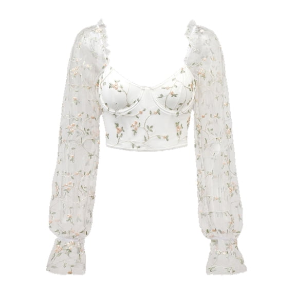 Corset Tops for Women Floral Embroidered Overbust Corsets with Mesh Long Sleeve Trendy Bustier Shapewear S